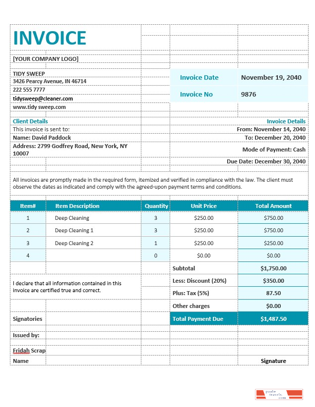 Residential Cleaning Invoice Template PSD template